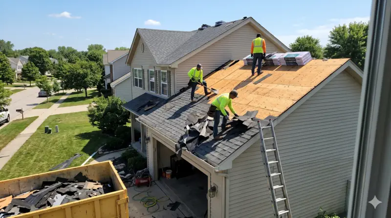Residential roof replacement project by Goshen Solutions